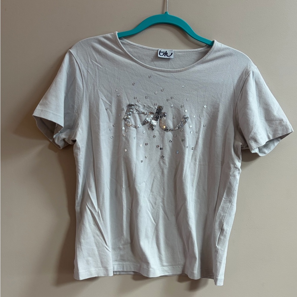 Byblos Blu Vintage Y2K Sequins Logo Short Sleeve Tee Shirt Top T-Shirt
